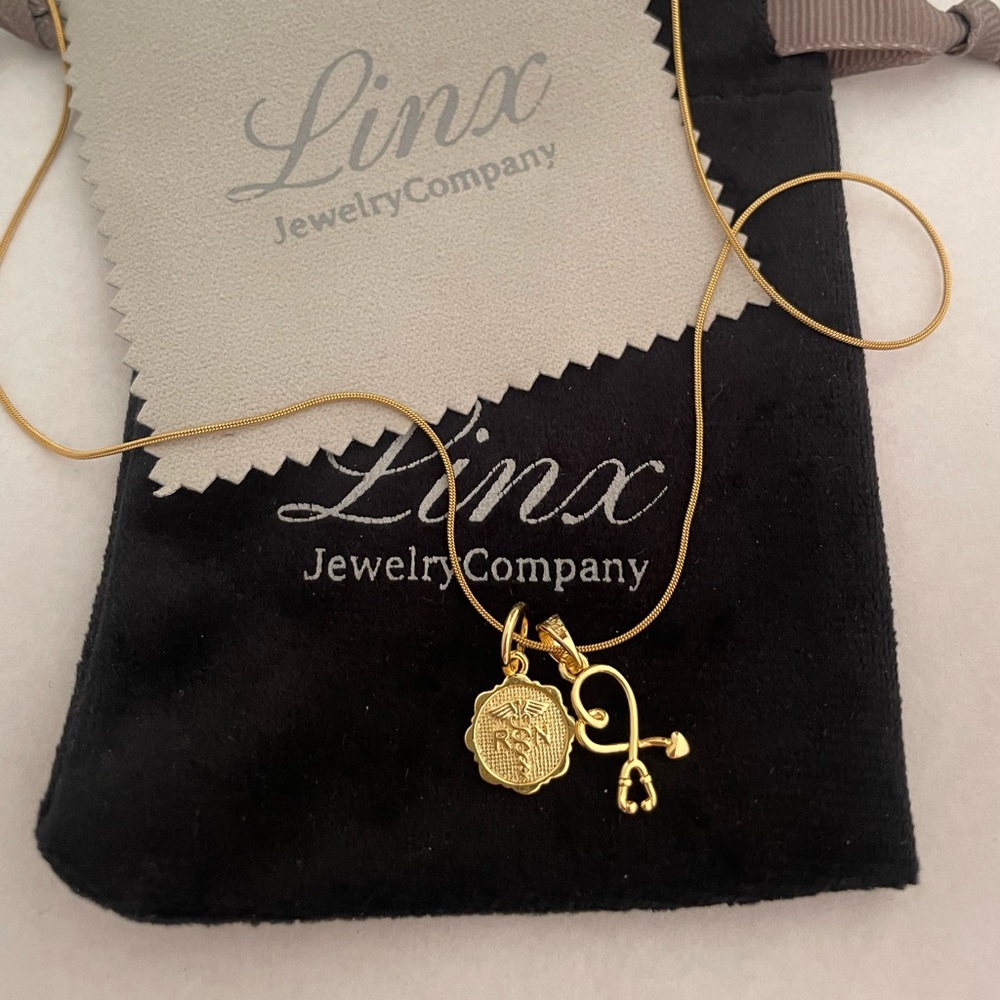 22in Yellow Gold Necklace with Registered Nurse and Stethoscope Charms